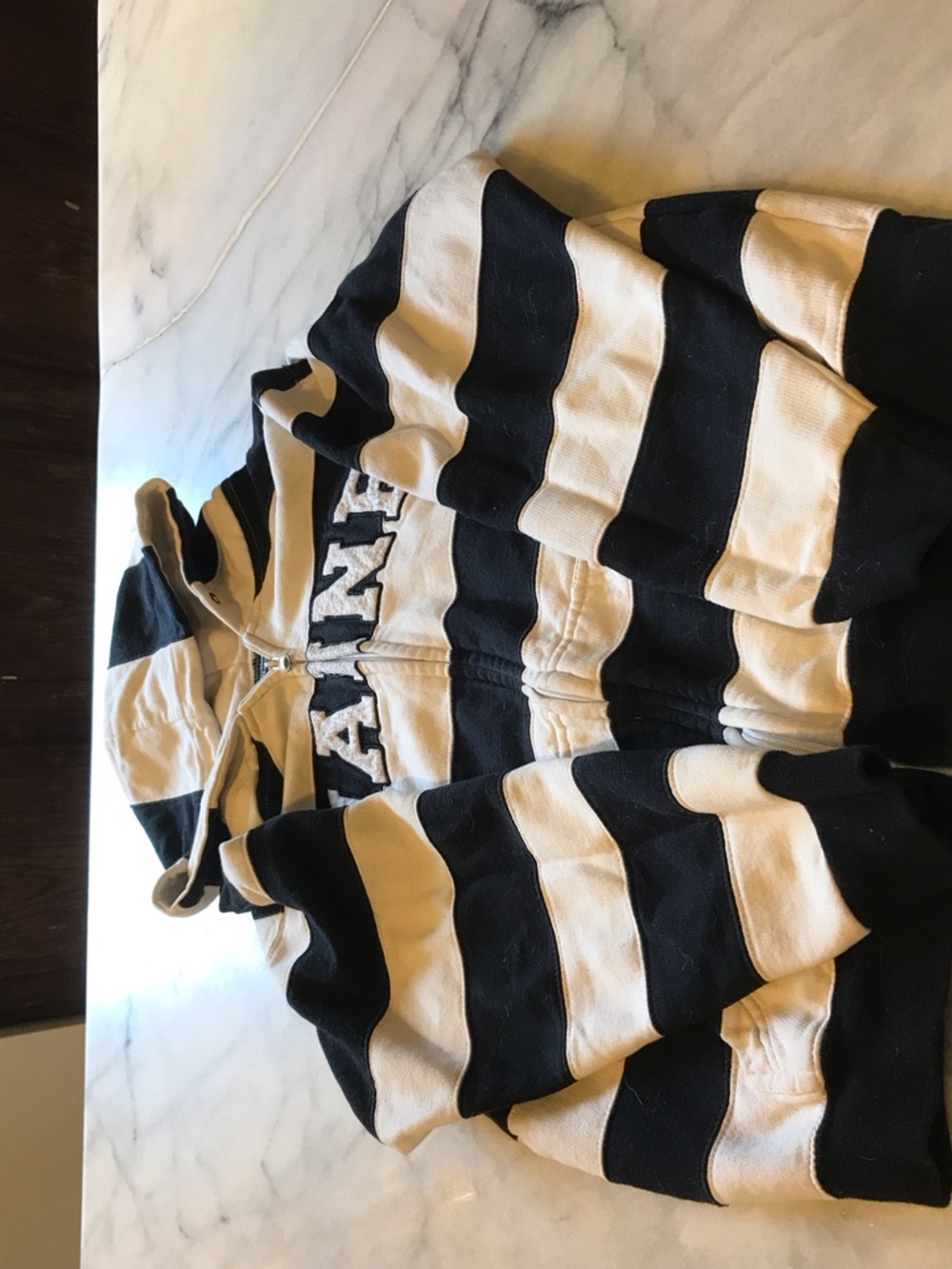 Striped Black & White Hooded Zip Sweatshirt with Maine on front